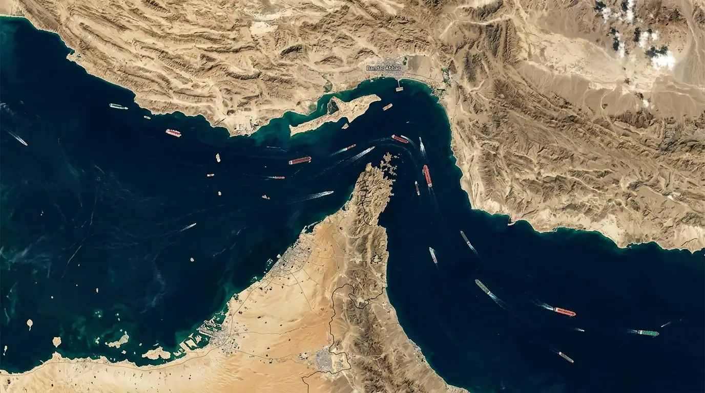 Vue satellite du détroit d'Hormuz séparant l'Iran de la péninsule arabique, avec le trafic de pétroliers.