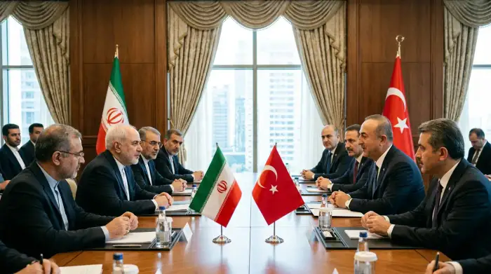 Drapeaux de l'Iran et de la Turquie lors d'une rencontre diplomatique bilatérale.