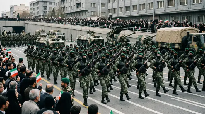 Défilé militaire des Gardiens de la Révolution iraniens, illustrant la puissance du Corps des Gardiens de la Révolution islamique.