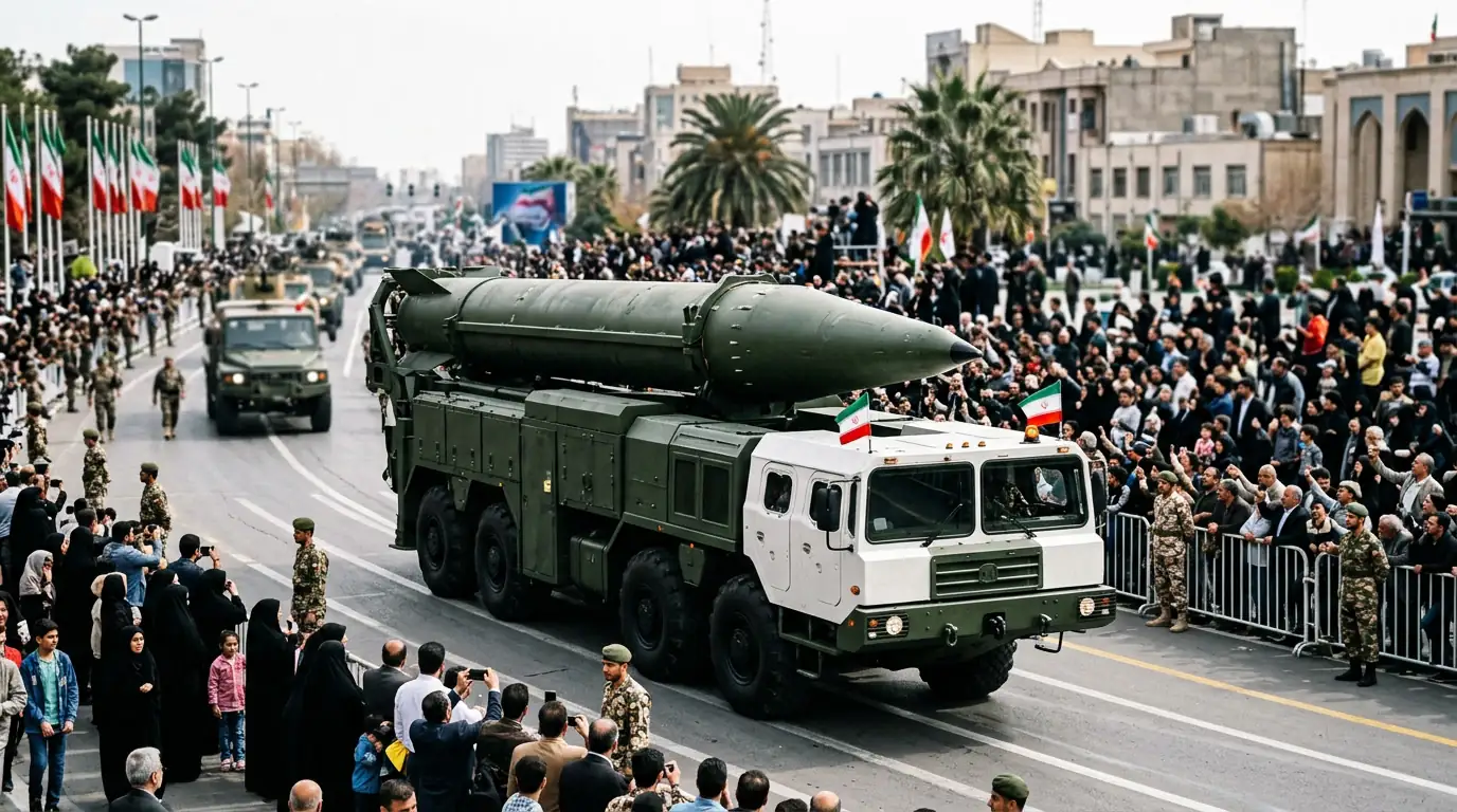 Missile balistique iranien exposé lors d'une parade militaire à Téhéran.