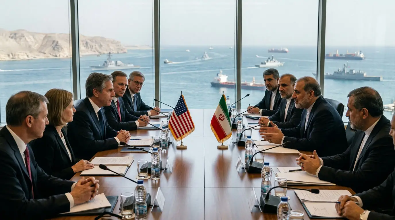 Table de négociation diplomatique avec drapeaux américain et iranien face à face, détroit d'Ormuz en arrière-plan