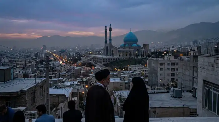 Vue d'une mosquée iranienne surplombant Téhéran, symbole du pouvoir clérical sur l'État.