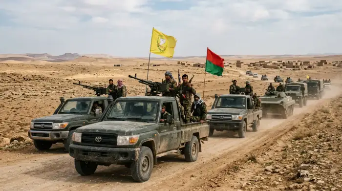 Convoi militaire et drapeaux de milices dans une zone désertique du nord-est syrien.