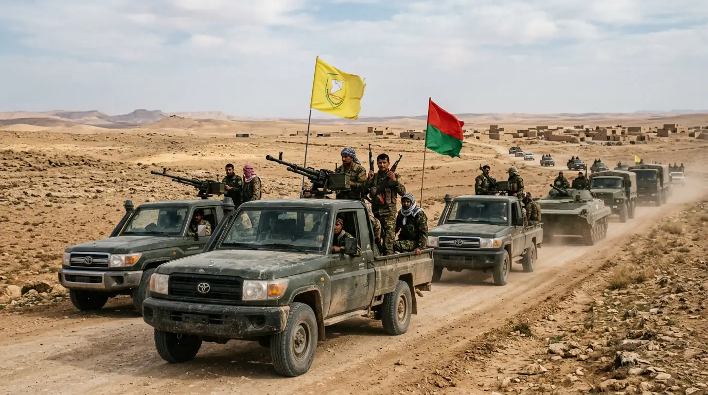 Convoi militaire et drapeaux de milices dans une zone désertique du nord-est syrien.