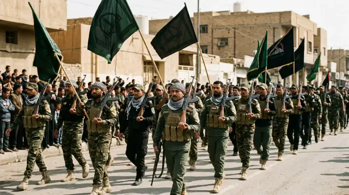 Combattants du Hashd al-Shaabi défilant avec des drapeaux lors d'une parade en Irak.