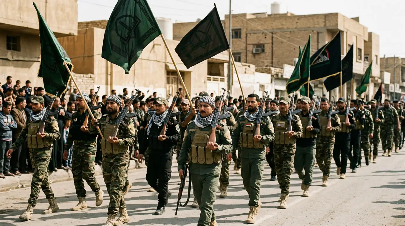 Combattants du Hashd al-Shaabi défilant avec des drapeaux lors d'une parade en Irak.