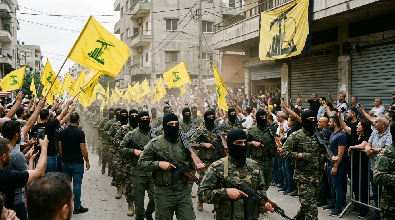 Combattants en armes sous des drapeaux jaunes lors d'un rassemblement, illustrant le Hezbollah soutenu par l'Iran au Liban.