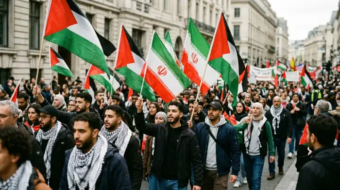 Manifestation pro-palestinienne avec drapeaux palestiniens et iraniens brandis dans une foule.