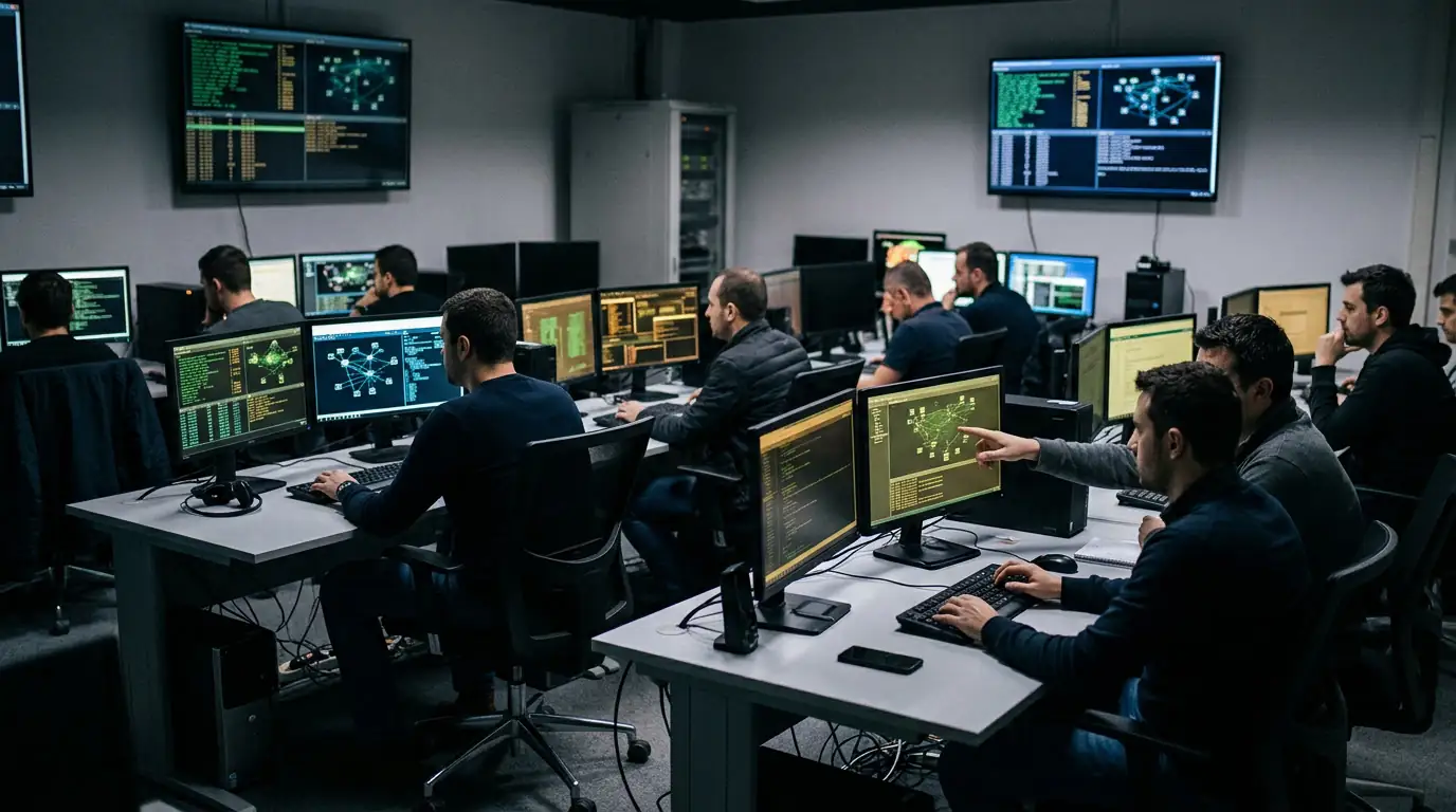 Salle de contrôle informatique évoquant les opérations de cyber-guerre iraniennes.