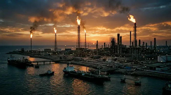 Torchères et installations pétrolières iraniennes au crépuscule dans le golfe Persique.