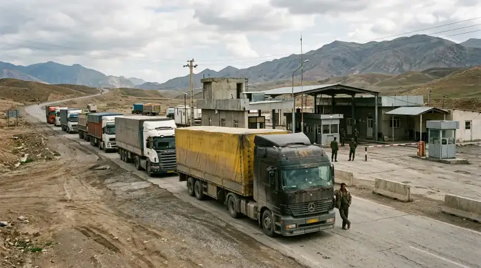 Camions de marchandises à un poste-frontière entre l'Iran et un pays voisin.
