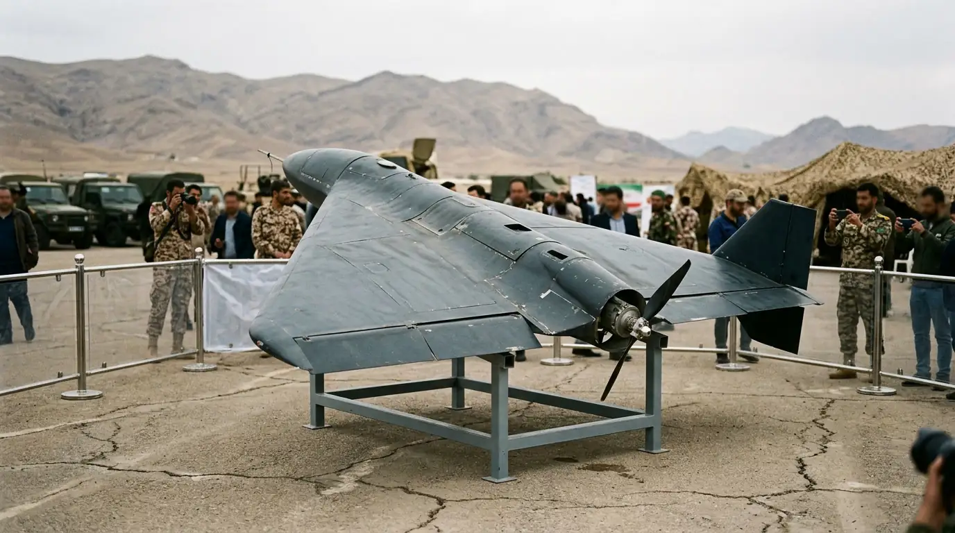 Drone de combat iranien de type Shahed exposé lors d'une démonstration militaire.