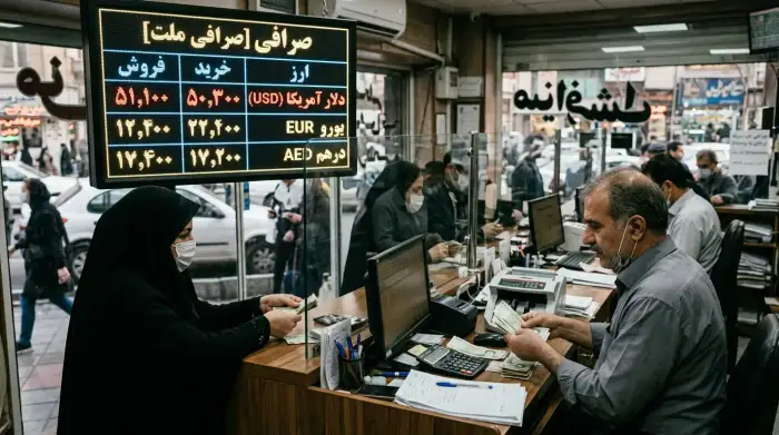 Bureau de change à Téhéran affichant le cours du rial face au dollar américain.