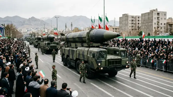 Missiles balistiques iraniens exposés lors d'une parade militaire, illustrant l'arsenal de l'Iran et son impact régional.