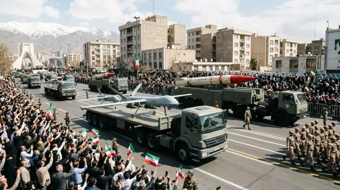 Drones et missiles iraniens exposés lors d'une parade militaire à Téhéran.