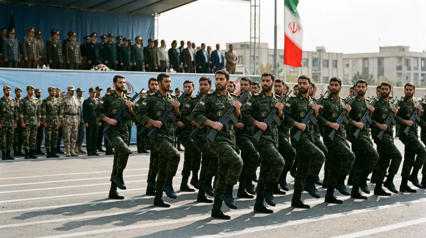 Soldats des Gardiens de la Révolution iraniens en formation lors d'une cérémonie officielle.