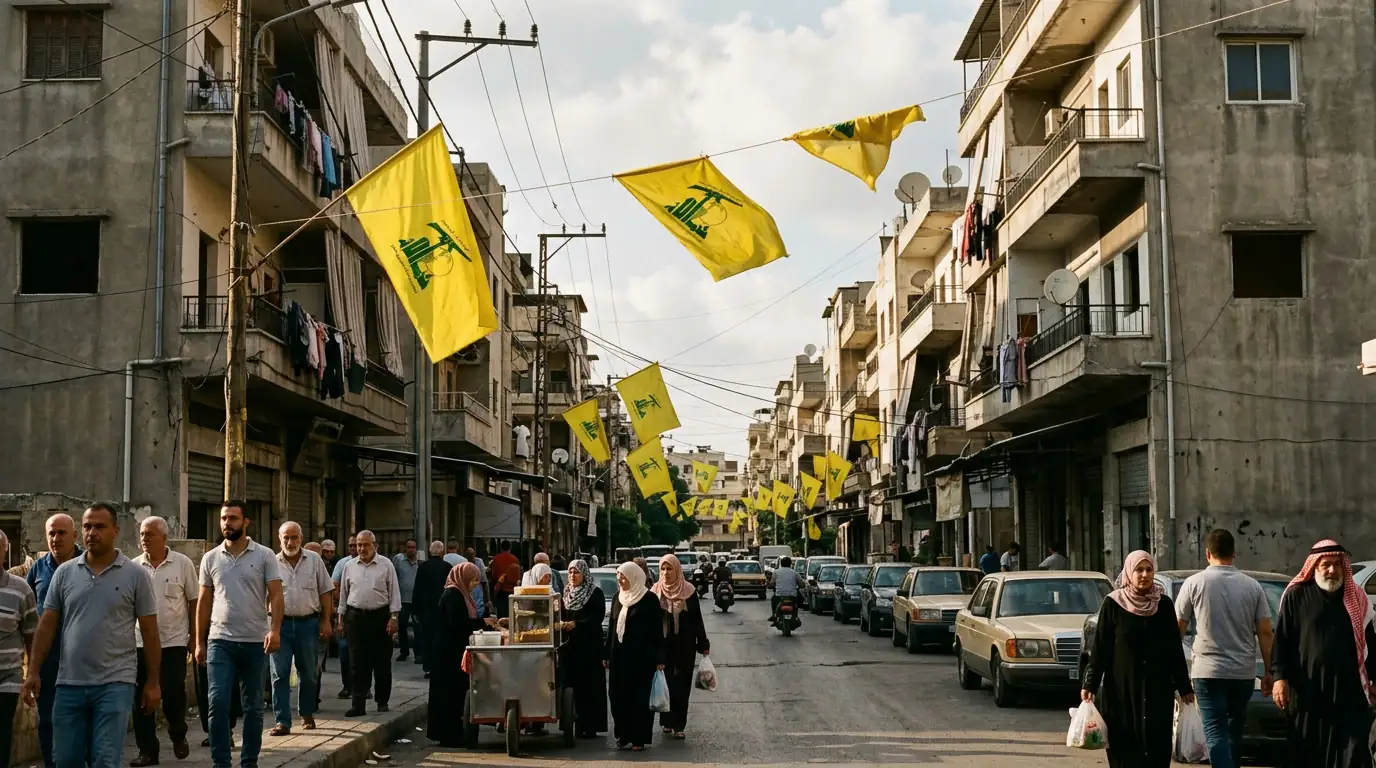 Drapeaux jaunes du Hezbollah flottant au-dessus d'une rue de la banlieue sud de Beyrouth.