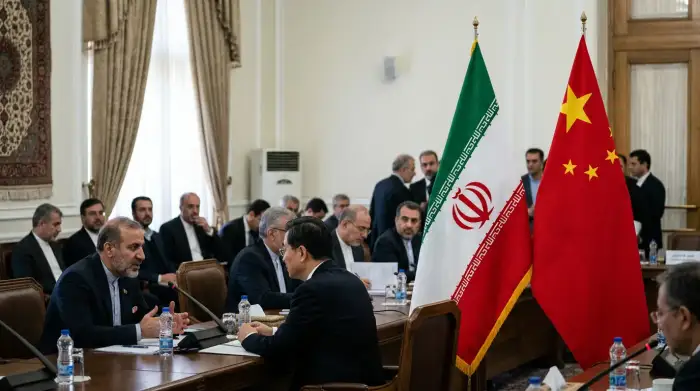 Drapeaux de l'Iran et de la Chine côte à côte lors d'une rencontre diplomatique.