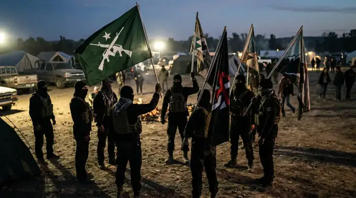 Combattants masqués brandissant des drapeaux de milices lors d'un rassemblement nocturne.