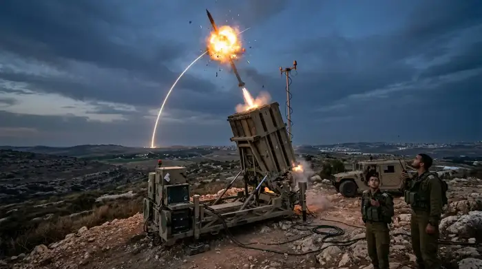Système de défense antimissile israélien interceptant une menace, illustrant la supériorité technologique.