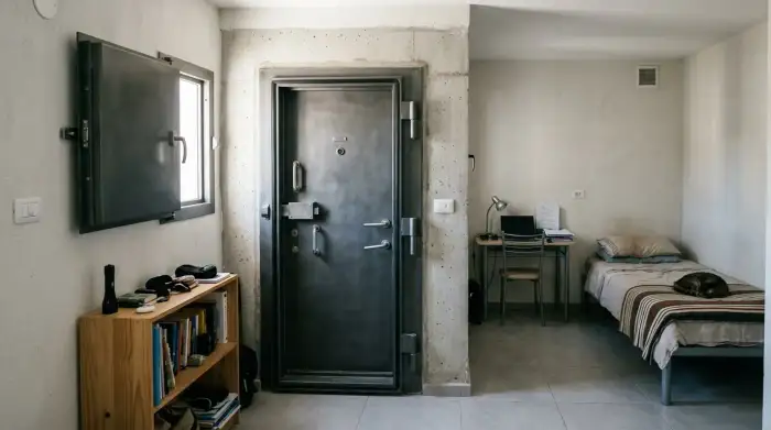 Une pièce sécurisée résidentielle (mamad) avec porte blindée, élément obligatoire des logements neufs en Israël.