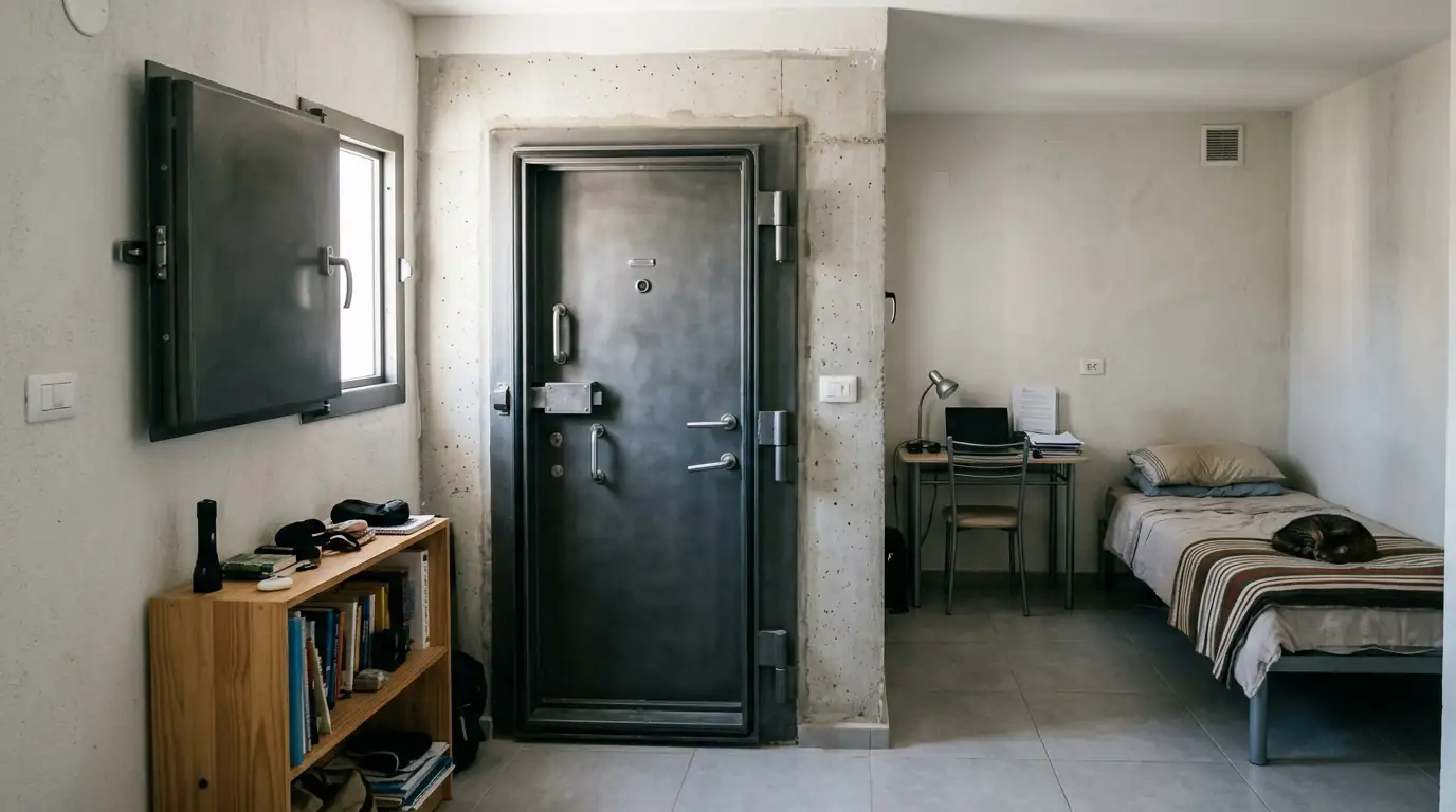 Une pièce sécurisée résidentielle (mamad) avec porte blindée, élément obligatoire des logements neufs en Israël.