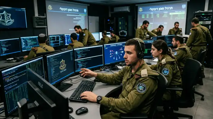 Salle d'opérations cyber avec écrans de code, illustrant la formation numérique au sein de Tsahal.