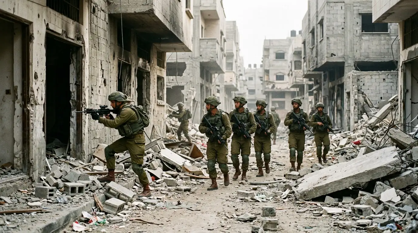 Soldats israéliens progressant en combat urbain à travers les décombres d'un quartier dense.