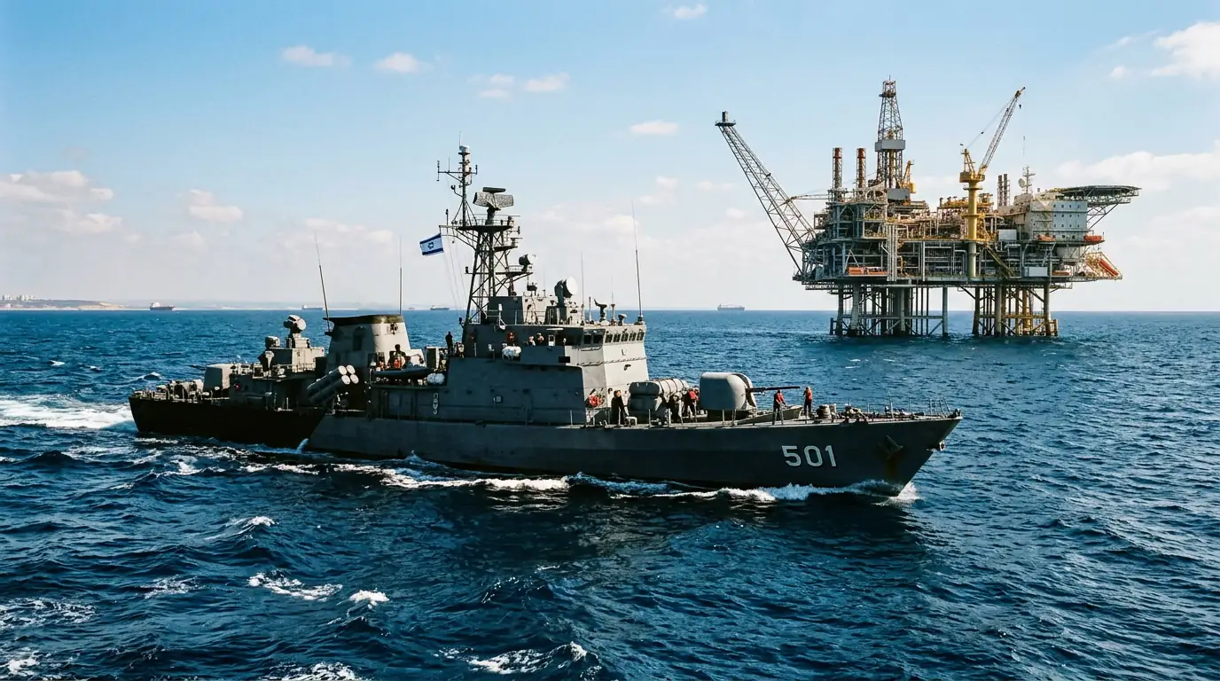 Corvette de la marine israélienne patrouillant près d'une plateforme gazière en Méditerranée orientale.