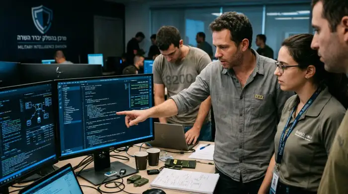 Ingénieurs israéliens devant des écrans de code, illustrant la porosité entre cybersécurité civile et renseignement militaire.