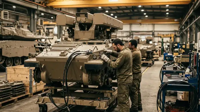 Chaîne d'assemblage de systèmes d'armement israéliens, symbole d'une industrie de défense exportatrice.