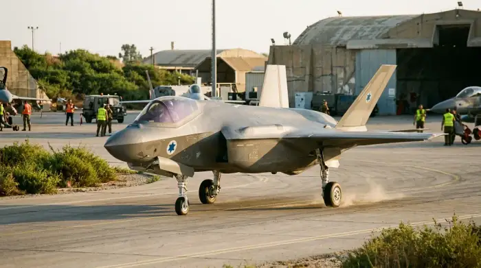 Un chasseur F-35 de l'armée de l'air israélienne, symbole de l'approvisionnement militaire d'Israël financé par l'aide américaine.
