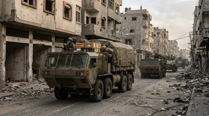 Convoi logistique blindé de l'armée israélienne acheminant du ravitaillement en zone urbaine.