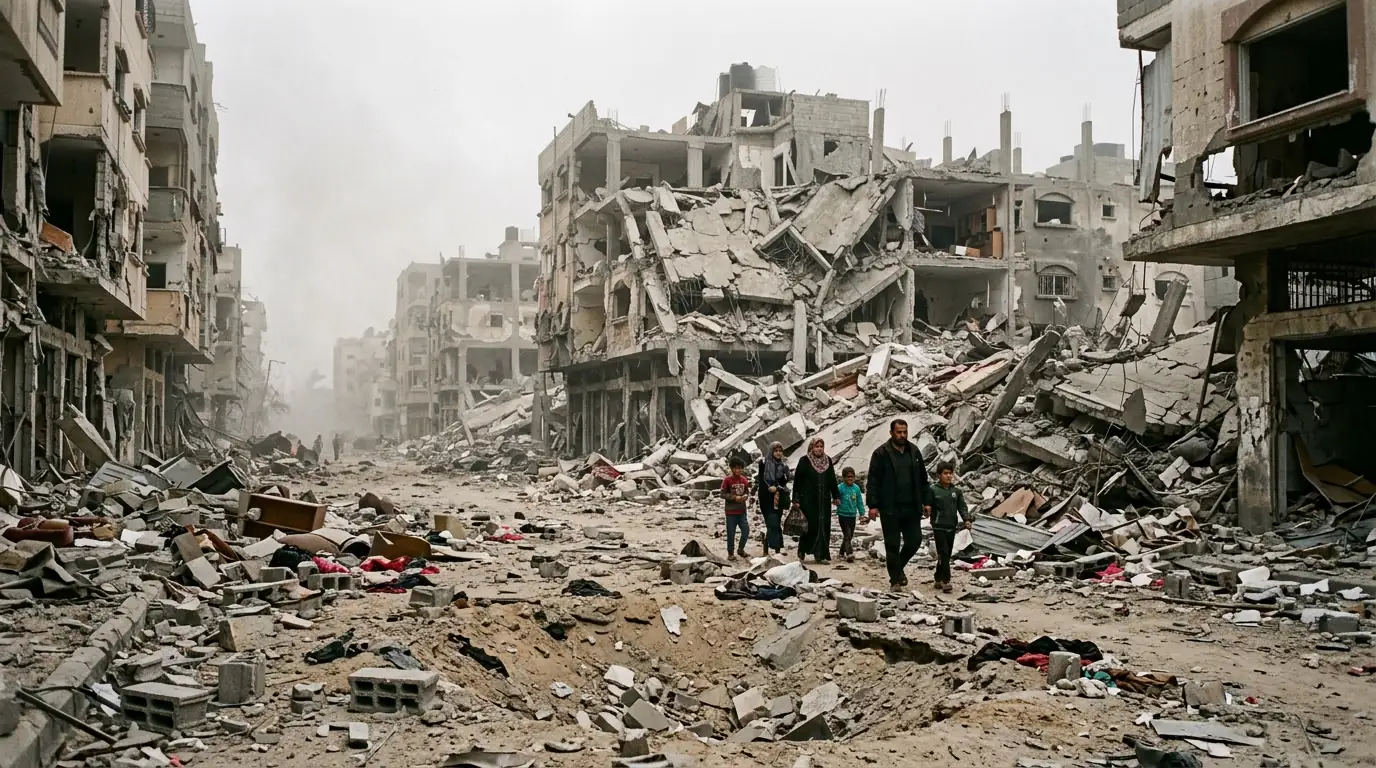 Bâtiments détruits dans la bande de Gaza après les bombardements, illustration du conflit israélo-palestinien.