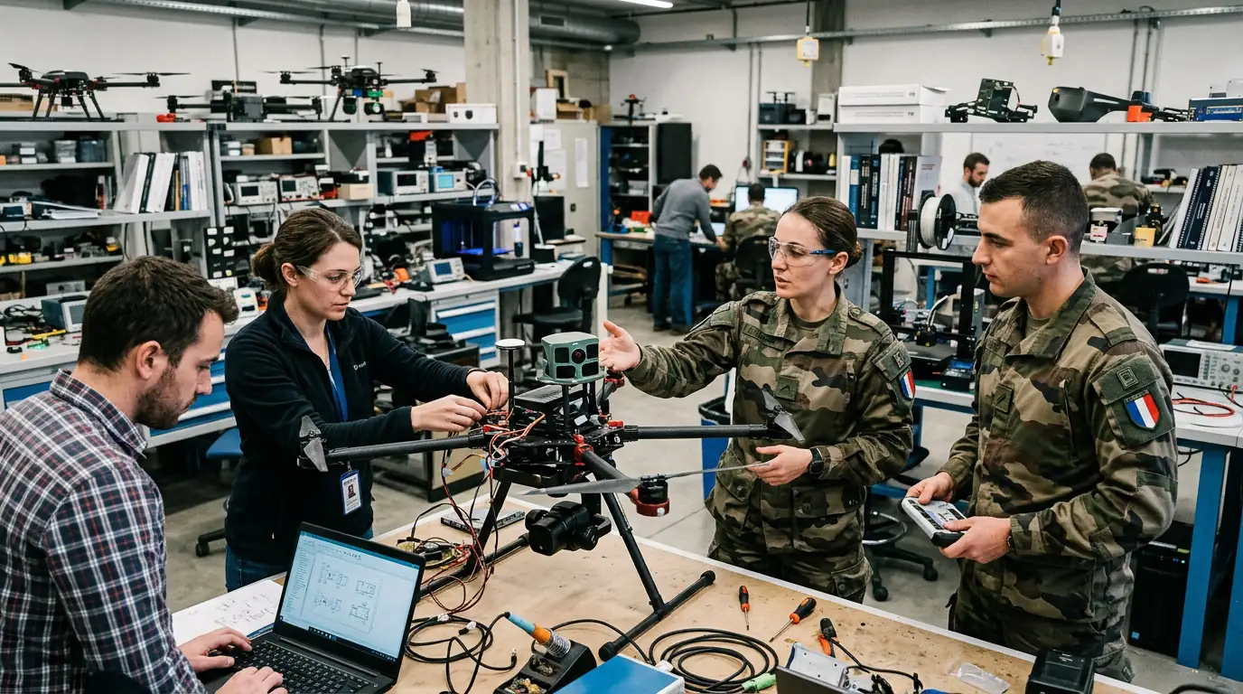 Laboratoire de recherche technologique mêlant ingénieurs civils et militaires, symbole du transfert dual-use.