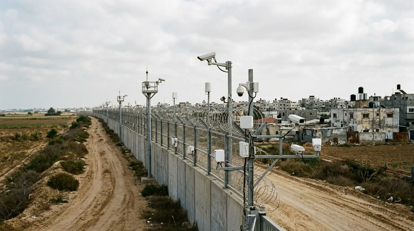 Barrière de sécurité israélienne hérissée de capteurs et de caméras de surveillance le long de la frontière de Gaza.