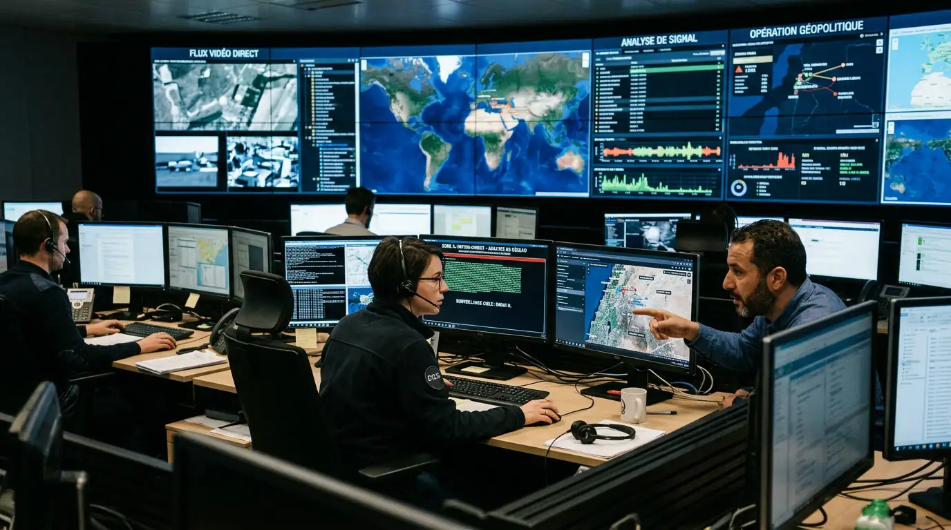 Salle de surveillance avec écrans de données et cartes, évoquant le travail des services de renseignement.