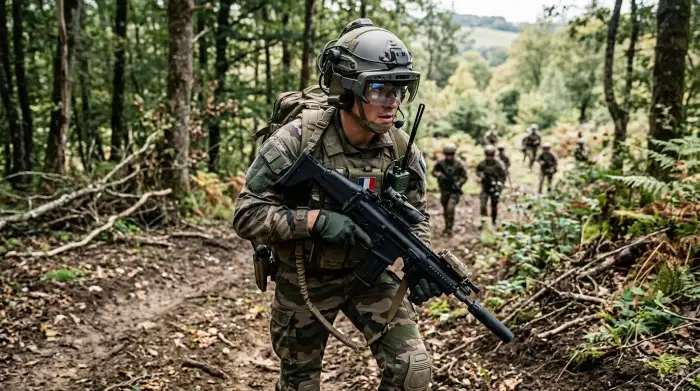 Un soldat équipé d'un casque de réalité augmentée lors d'un exercice d'entraînement militaire.