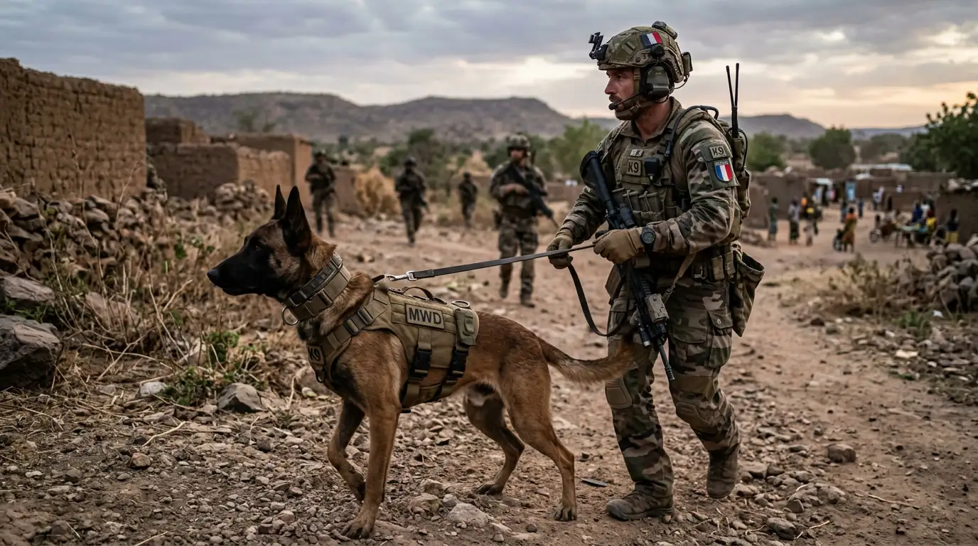 Chien militaire Malinois équipé d'un harnais tactique aux côtés de son maître-chien lors d'une opération.
