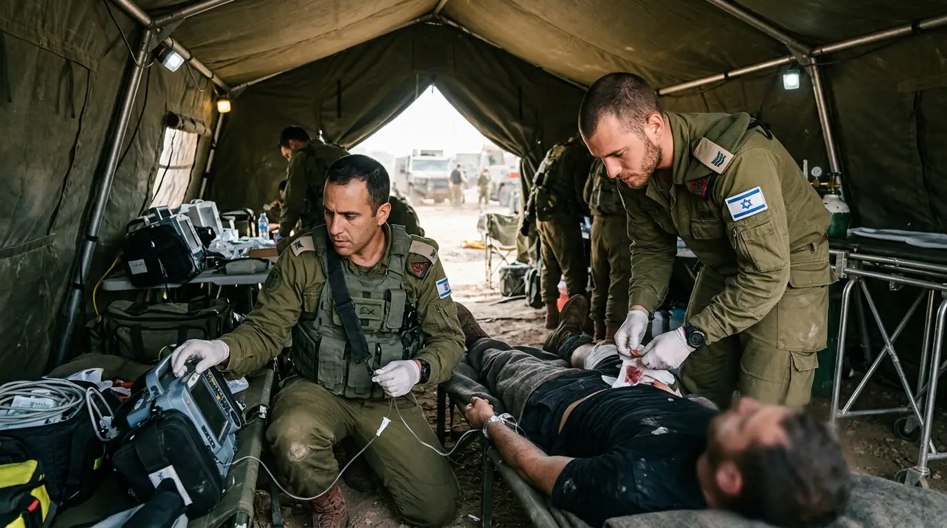Médecins militaires israéliens prodiguant des soins d'urgence sous tente dans un hôpital de campagne déployé.