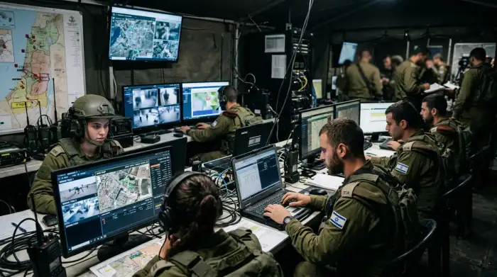 Soldats israéliens opérant un poste de commandement équipé d'écrans de surveillance et de données en temps réel.