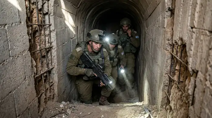 Entrée d'un tunnel à Gaza inspectée par des soldats, illustrant la guerre souterraine menée par Tsahal.