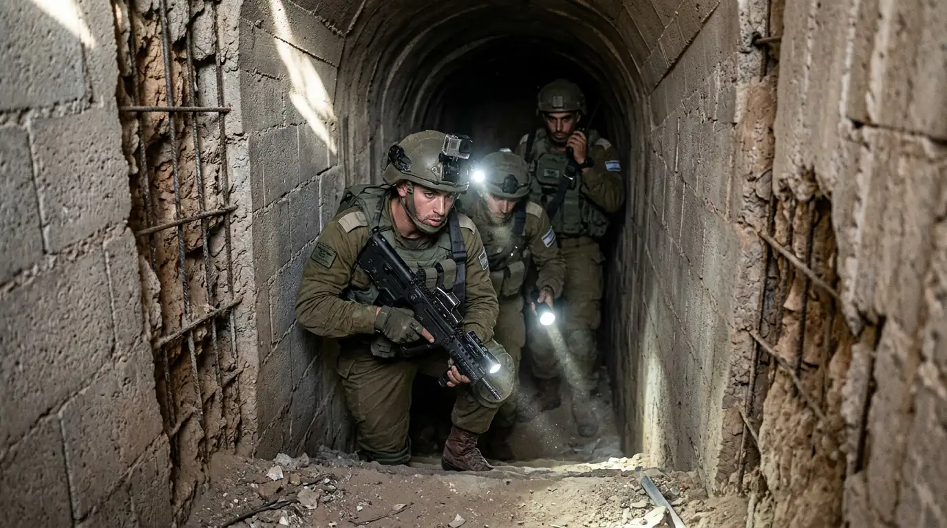 Entrée d'un tunnel à Gaza inspectée par des soldats, illustrant la guerre souterraine menée par Tsahal.