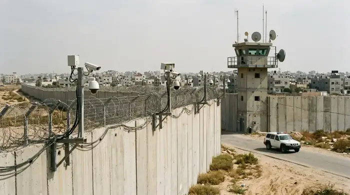 Section de la barrière de sécurité entre Israël et la bande de Gaza, hérissée de capteurs et de tours d'observation.
