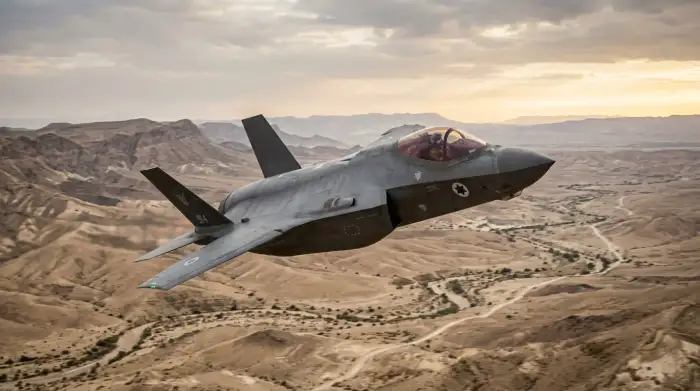 Chasseur furtif F-35I Adir de la force aérienne israélienne en vol au-dessus du désert.