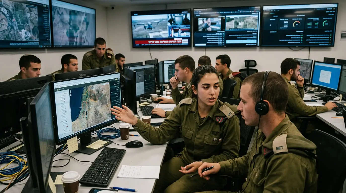 De jeunes soldats israéliens devant des écrans, illustrant les unités technologiques de l'armée israélienne.
