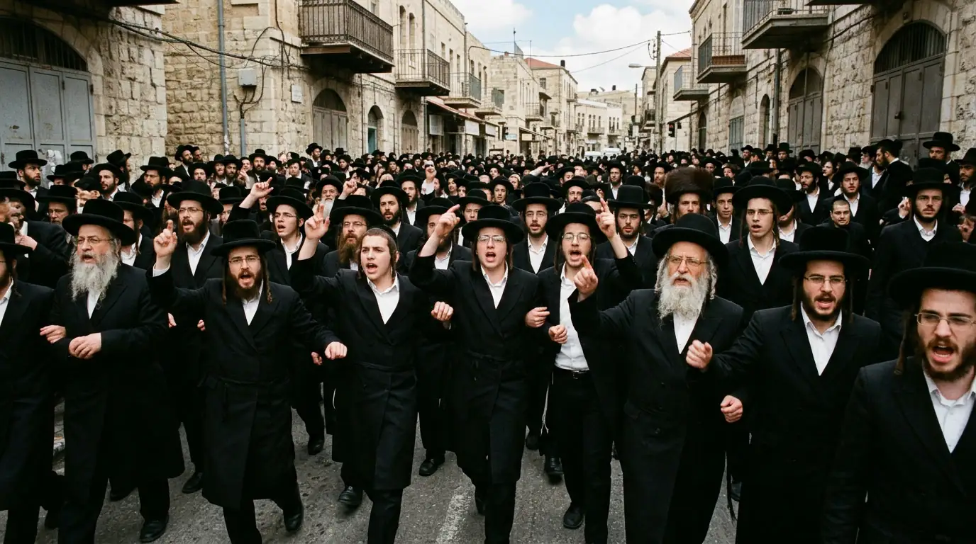 Des hommes ultra-orthodoxes manifestant à Jérusalem contre la conscription militaire.