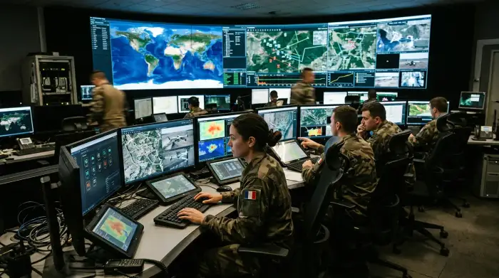 Salle de commandement militaire où des analystes exploitent des systèmes d'intelligence artificielle pour le ciblage et la défense.
