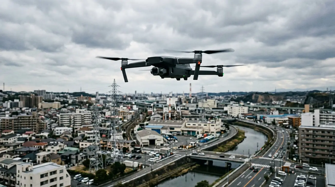 Drone quadricoptère grand public en vol, symbole des technologies à double usage civiles et militaires.