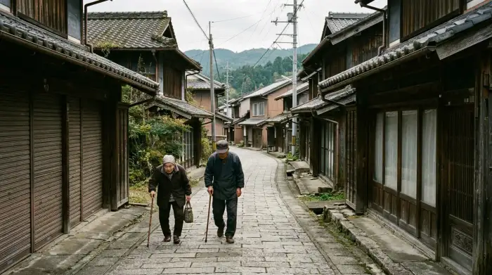 Une rue d'un village japonais à demi désert, maisons traditionnelles aux volets clos et personnes âgées marchant lentement, symboles du vieillissement et de la dépopulation de l'archipel.